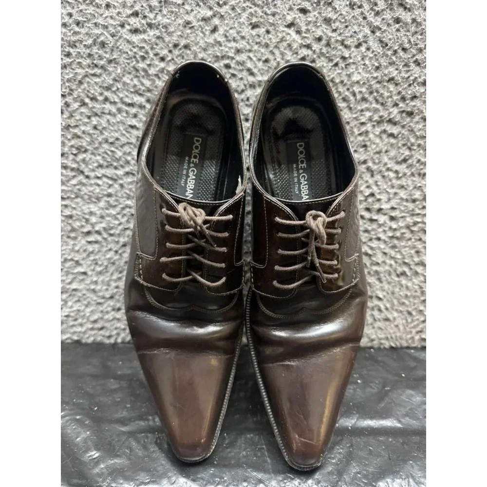 Dolce & Gabbana Leather Pointed Toe Lace-Up Derby Shoes Dark Brown Men Size 6 UK
